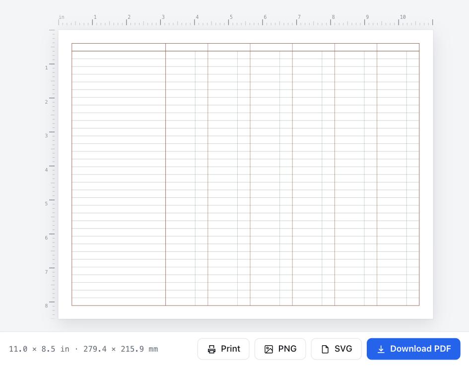 معاينة ورق دفتر أستاذ محاسبي مع أزرار تحميل PDF والطباعة