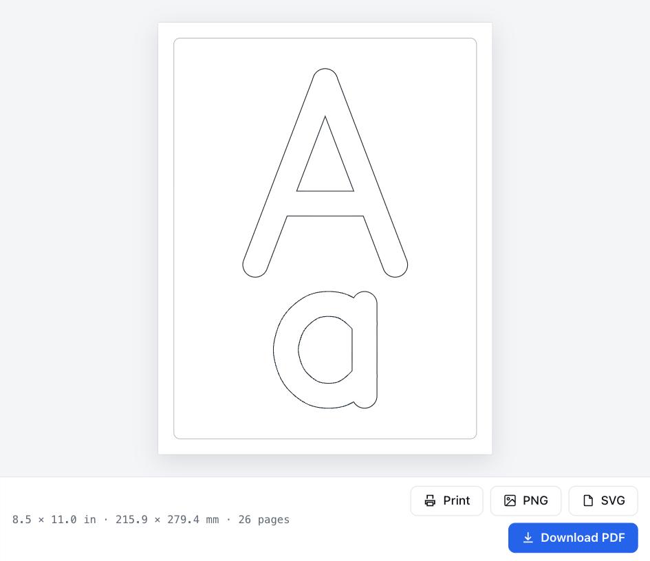 Alphabet Coloring Pages preview with the Download PDF and Print buttons
