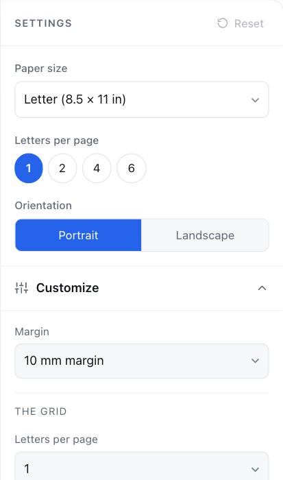 Settings for Alphabet Coloring Pages: paper size, grid and orientation