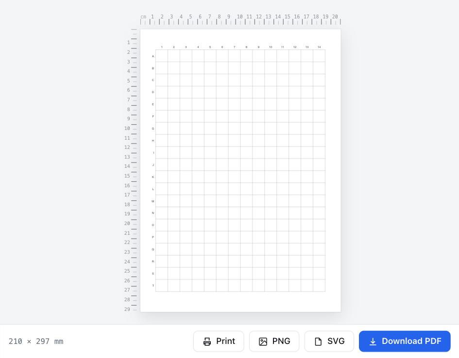 معاينة ورق شبكي أبجدي رقمي مع أزرار تحميل PDF والطباعة
