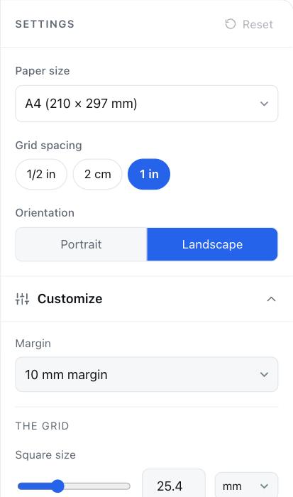 Réglages pour Grille de Battle Mat : format de papier, grille et orientation