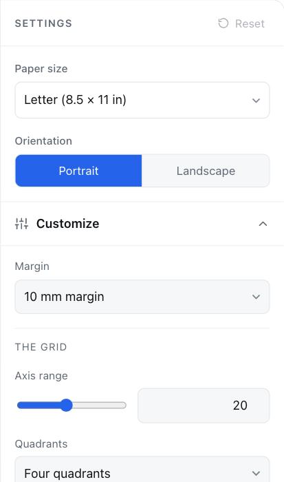 Réglages pour Repère cartésien 20x20 : format de papier, grille et orientation