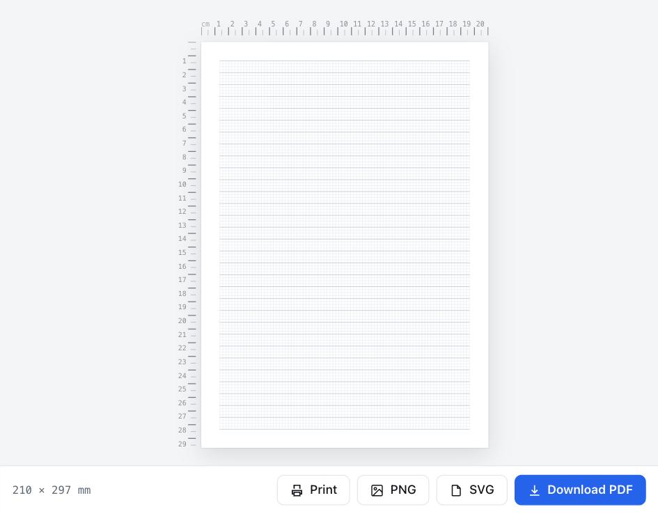 Náhled Čtverečkovaný papír s linkami s tlačítky Stáhnout PDF a Tisknout