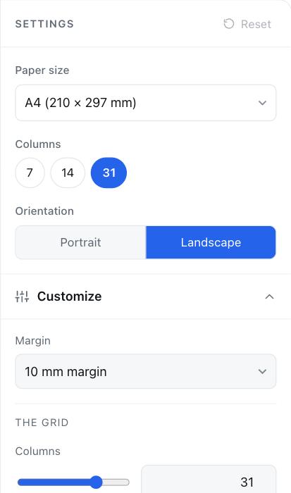 Impostazioni per Modello di Habit Tracker: formato carta, griglia e orientamento