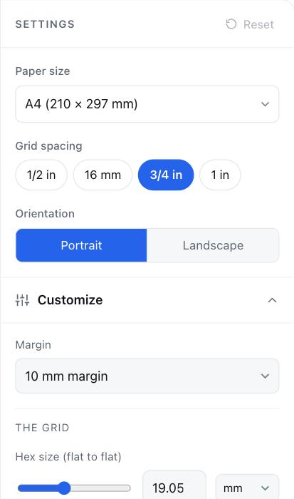 ヘックスマップ方眼紙の設定画面（用紙サイズ、グリッド、用紙の向き）