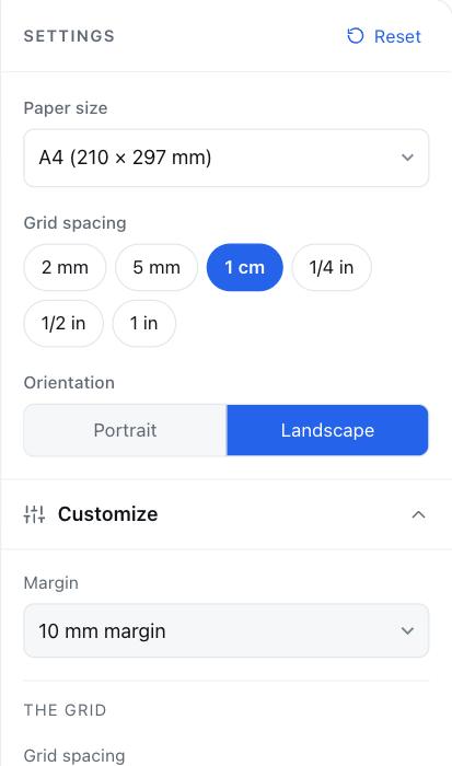 Settings for Graph Paper: paper size, grid and orientation