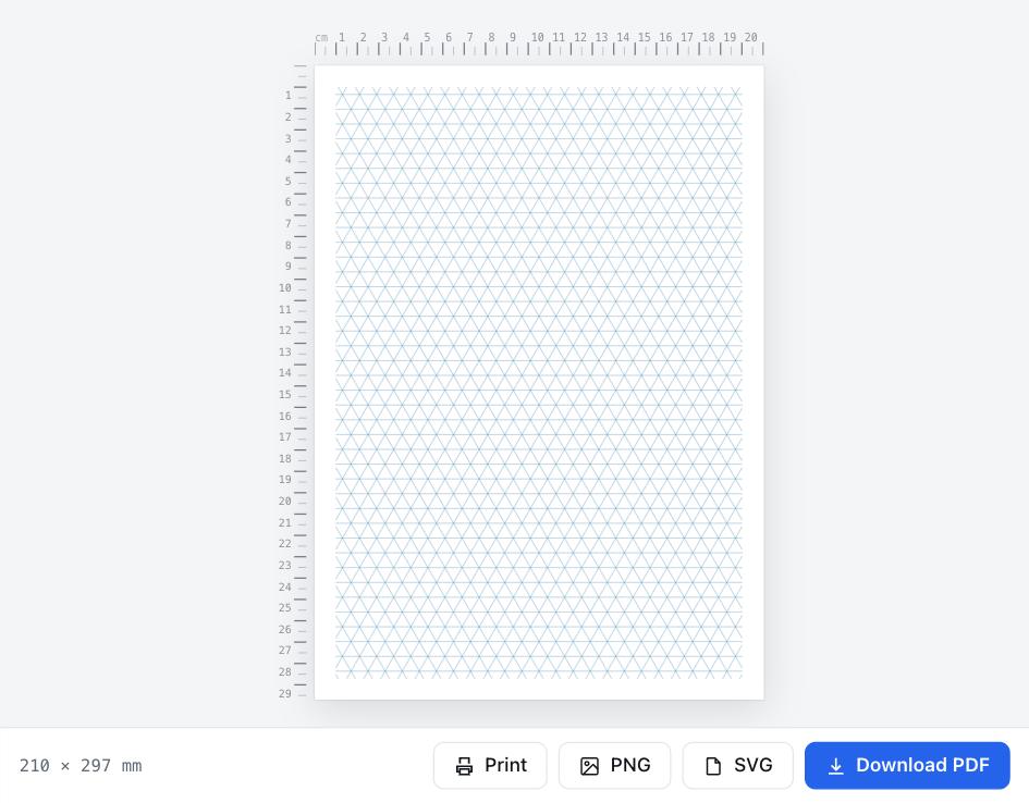 Pratinjau Kertas Grid Segitiga dengan tombol Unduh PDF dan Cetak
